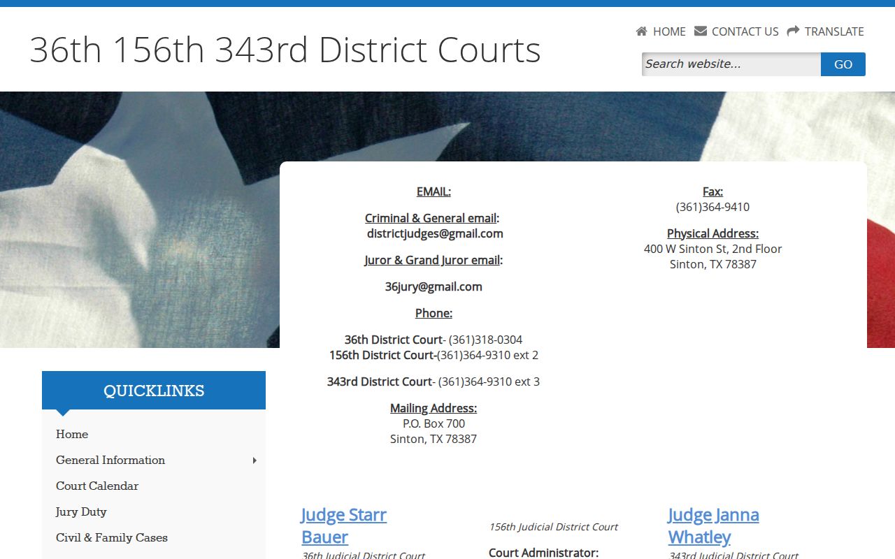 Administrator contact information for Aransas County district court settings