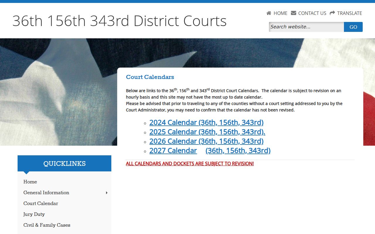 Aransas County district court calendar index with revision notice
