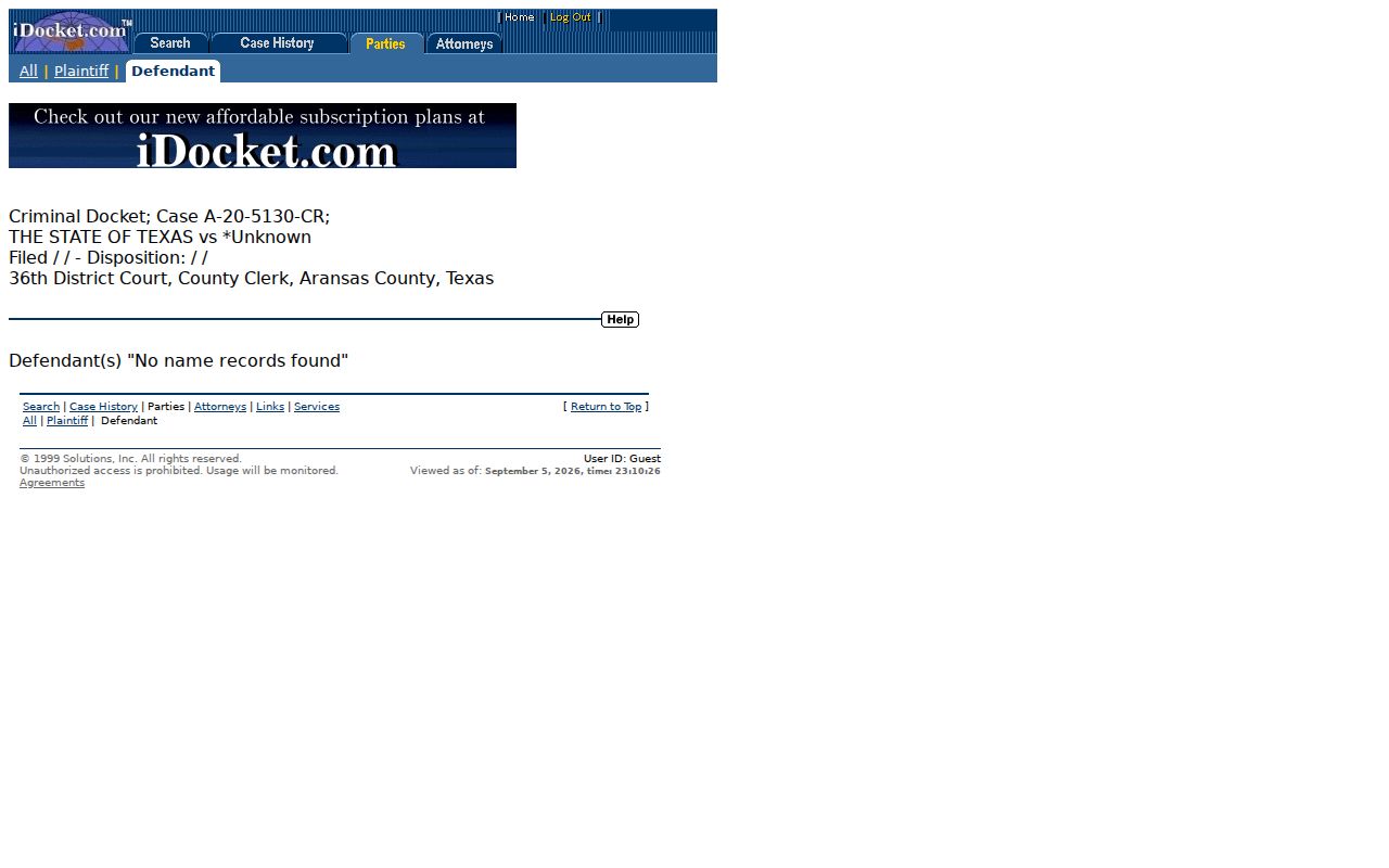 Redacted Aransas County iDocket criminal header