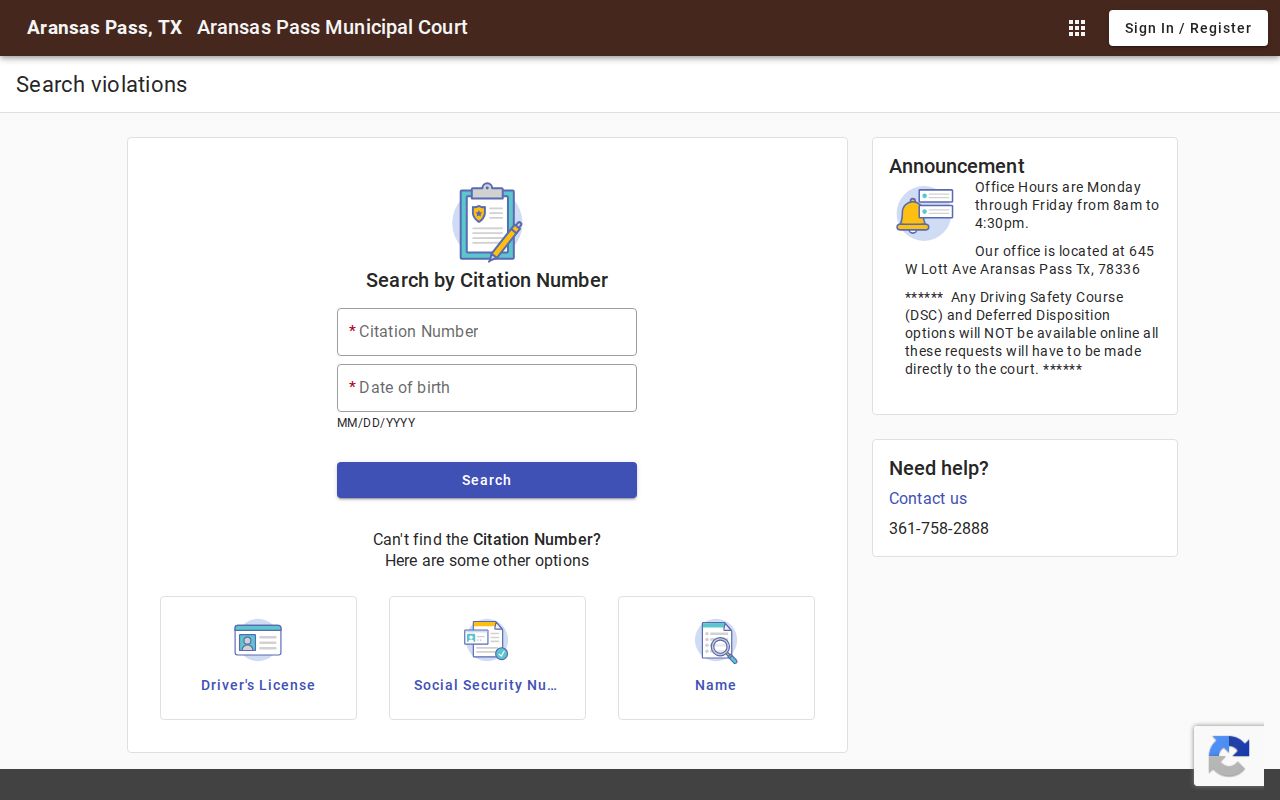 Aransas County Aransas Pass court docket blank search fields