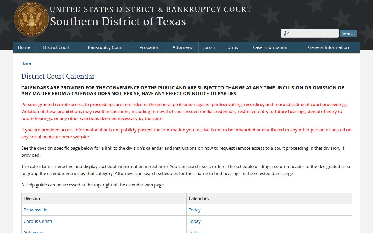 Corpus Christi Division interactive federal court calendar