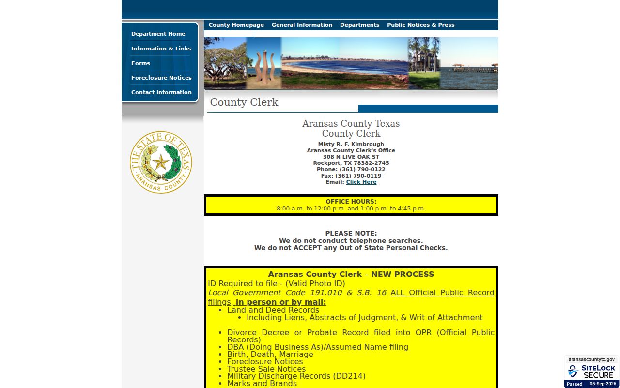 Aransas County court record search County Clerk office page